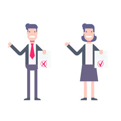 A happy woman is confirmed by a document, and not a dissatisfied man is denied