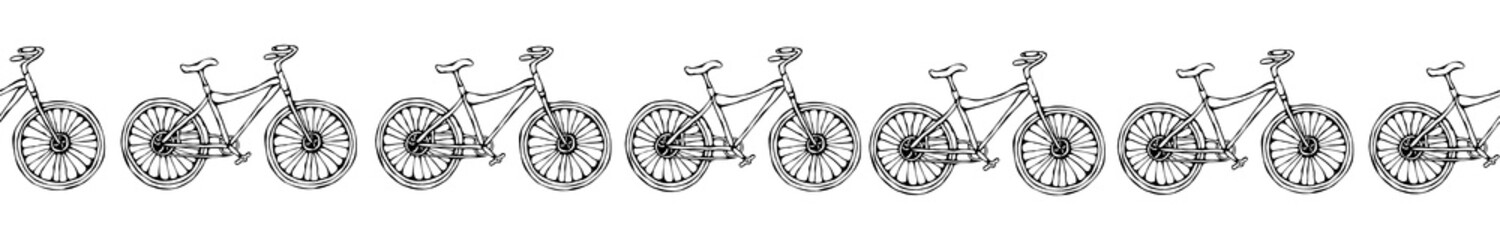 Endless Pattern Brush or Ribbon of Bicycles Bike Background. Realistic Hand Drawn Illustration. Savoyar Doodle Style.