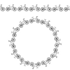 Endless Pattern Brush or Ribbon of Bicycles. Circle Frame Bike Background. Realistic Hand Drawn Illustration. Savoyar Doodle Style.