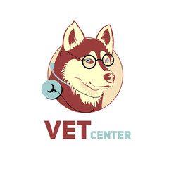 Logo of a hussel dog with a phonendoscope, the logo of a veterinary clinic