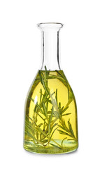 Glass bottle of olive oil on white background