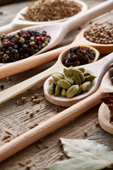 Colourful aromatic various spices for cooking on old wooden board, close-up, flat lay, selective focus, vertical.