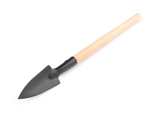 Metal shovel for gardening on white background