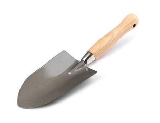 Metal shovel for gardening on white background