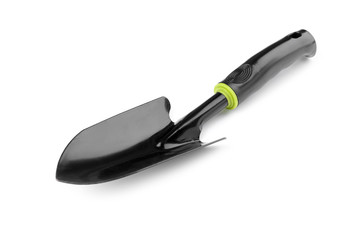 Metal shovel for gardening on white background