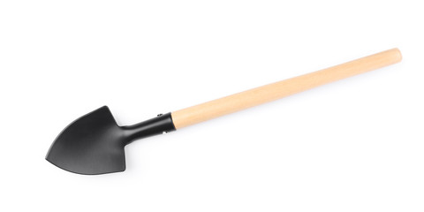 Metal shovel for gardening on white background