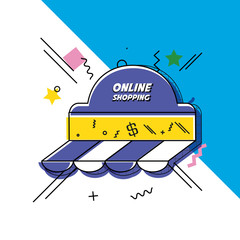 online shopping with parasol pop art style vector illustration design