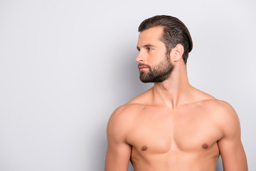 Profile side view half-faced portrait with copy space of handsome, sexy, athletic, confident,...