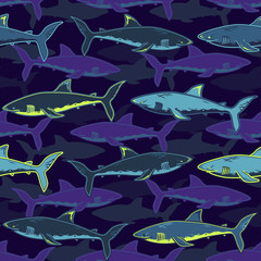 Abstract seamless vector pattern for girls, boys, clothes. Creative background with sharks. Funny wallpaper for textile and fabric. Fashion style. Colorful bright