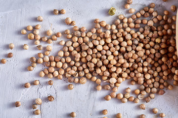 Coriander seeds isolated on white background, close-up, selective focus.