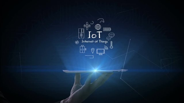 Lifting a smart pad, tablet, Hand drawing various Internet of things icon. 4K Movie.
