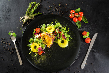 Fresh salad with fruits, vegetables and meat