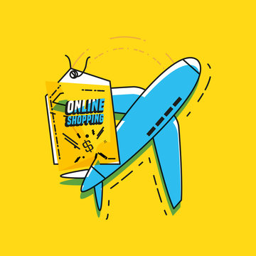 online shopping with airplane flying vector illustration design