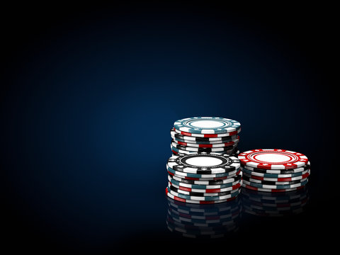 Casino chips stacks. 3d Illustration on black and blue background