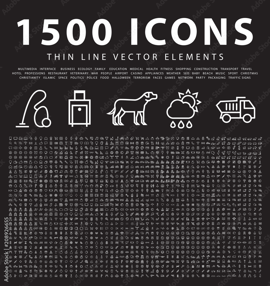 Poster set of 1500 outline icons on black background . vector isolated elements