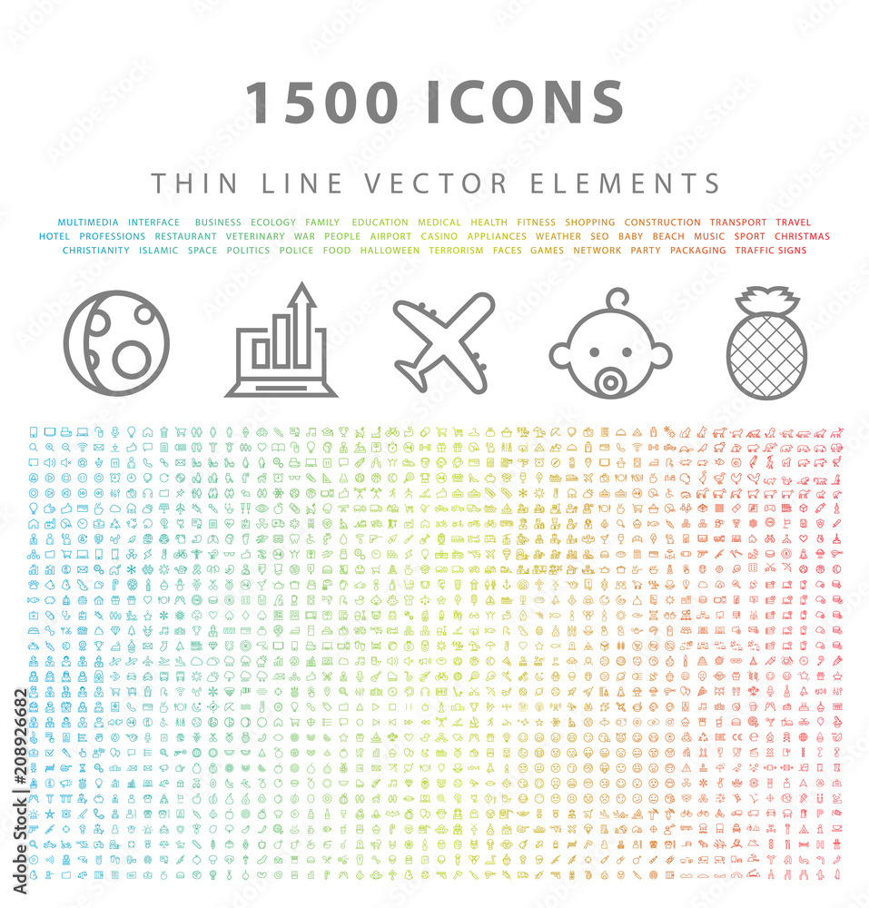 Poster set of 15000 outline icons on white background . vector isolated elements