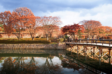 Fototapeta na wymiar Goryokaku castle park with canal and bridge historic landmark of Hakodate, Hokkaido