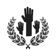 Obraz premium Logotype with the symbol of unity. Human hands are raised, palms open. Work in a team, a public association. Flat vector cartoon illustration. Objects isolated on a white background.