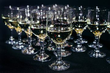 Many glasses of different wine on black bar counter