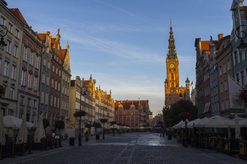 View of the beautiful tower of the City Hall at dawn of Gdansk. Poland