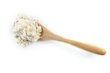Whey Protein on Wood Spoon on White Background Top View