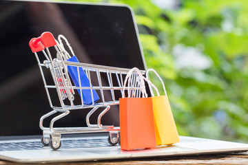 Shopping online concept, Colorful paper shopping bag in trolley on laptop. Customer can buy everything from office or home.