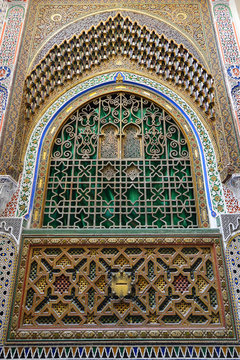 Detail of unusually ornamented - mosaic from tiles Moroccan architecture.