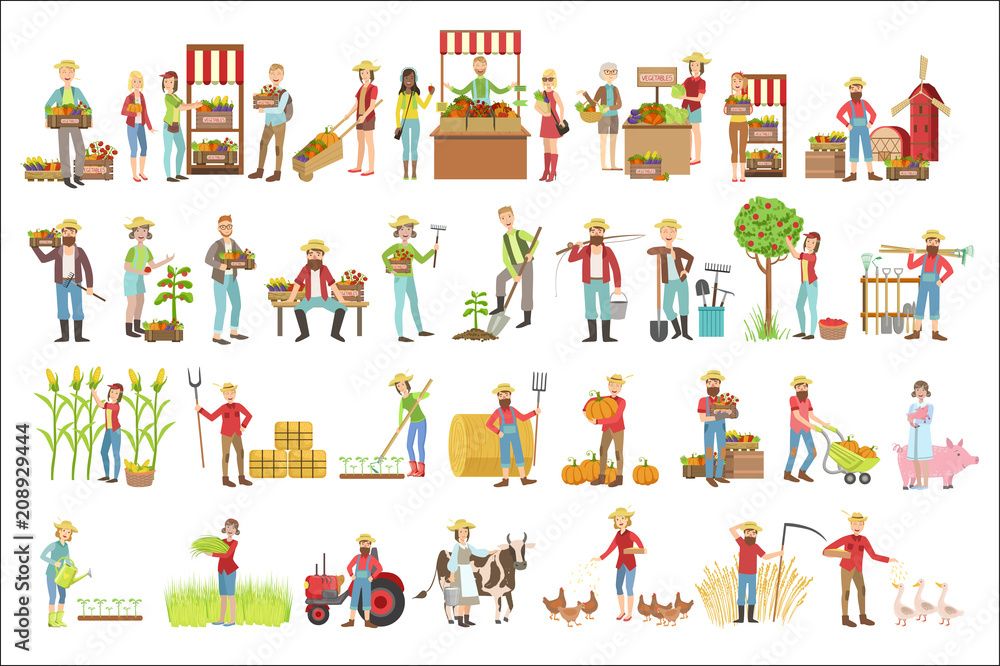 Wall mural farmers and their products set