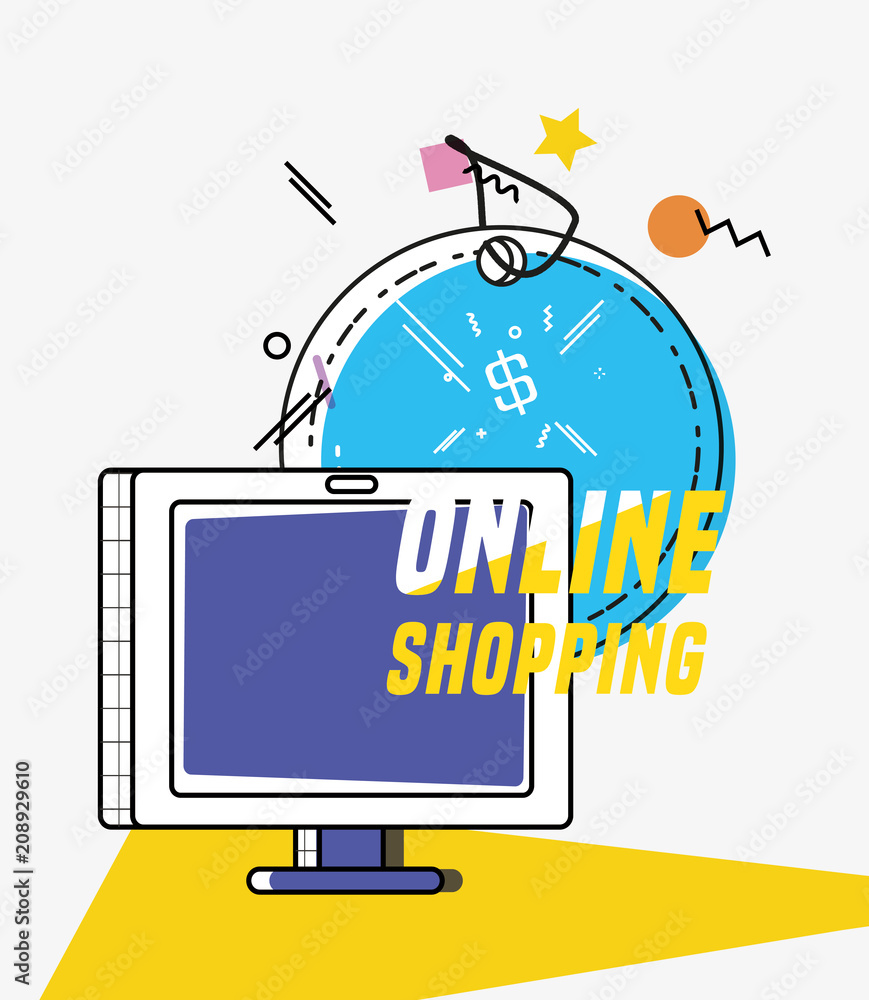Poster online shopping with display computer pop art style vector illustration design