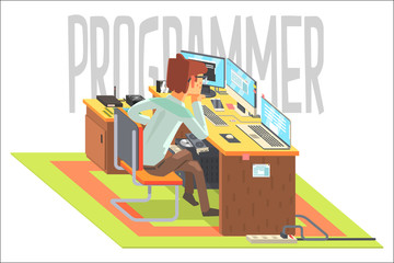 Hacker, working at a laptop, vector illustration