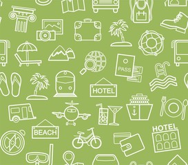 Travel, vacation, tourism, leisure, seamless pattern, contour, green. Different types of holidays and ways of travelling. Vector, monochrome background. White line drawings on a green field.  
