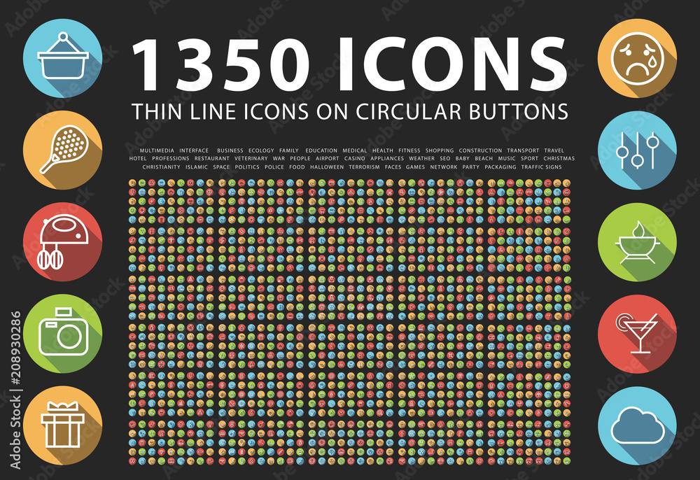 Poster set of 1350 minimalistic solid colored icons on black background . isolated vector elements