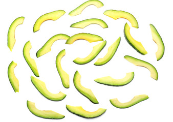 Pieces of ripe avocado on white background