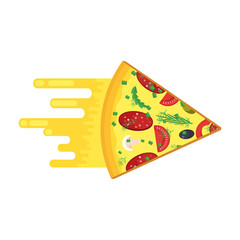 Flying piece of mouth-watering Italian pizza with melted flowing cheese. Fast delivery of hot food. Delicious filling with sausage and tomatoes. Mediterranean cuisine. Flat vector cartoon Objects.
