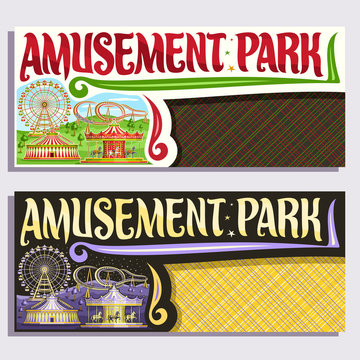 Vector tickets for Amusement Park with copy space, cartoon ferris wheel, roller coaster, vintage merry go round carrousel with horses, circus big top, original brush typeface for words amusement park.