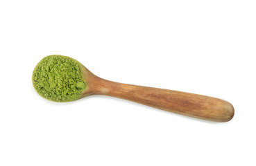 Spoon with powdered matcha tea, isolated on white