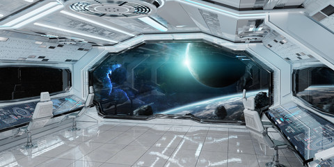 White clean spaceship interior with view on planet Earth 3D rendering © sdecoret
