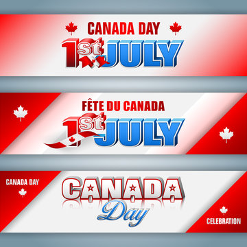 Set of web banners with 3d texts, maple leaf and national flag colors for first of July, Canada day, celebration; Vector illustration
