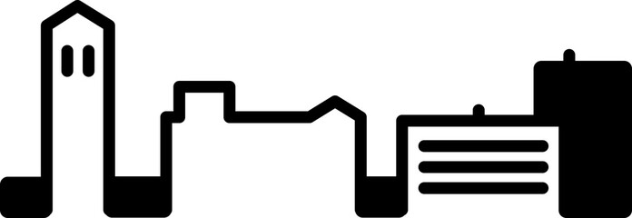 Simple icon illustration of the skyline of the city of Ann Arbor, Michigan, USA in black and white.