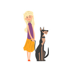 Obraz premium Blonde girl walking her pet dog vector Illustration on a white background