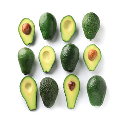 Fresh avocados on white background, flat lay