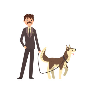 Businessman walking his pet dog vector Illustration on a white background