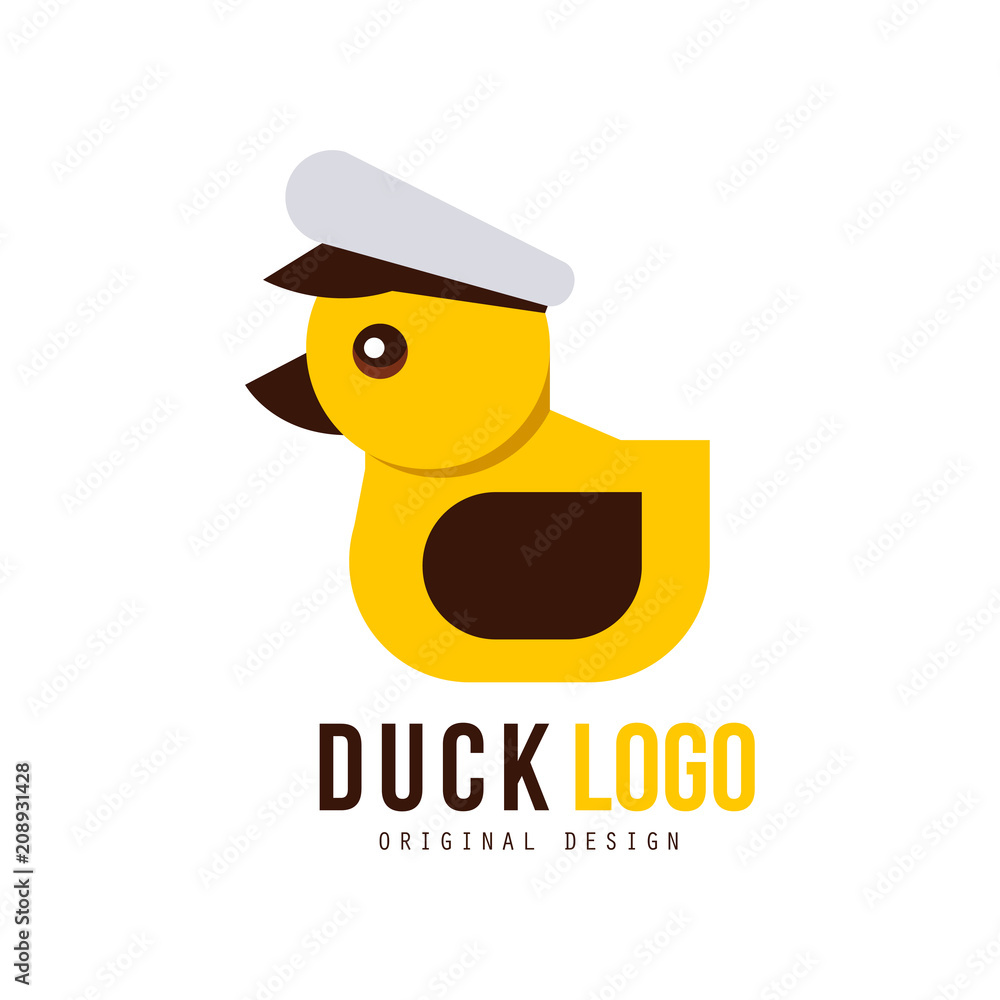 Poster duck logo original, design element with yellow toy duck for your own design vector illustration on a
