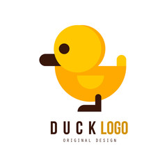 Duck logo original design, badge with yellow toy rubber duck vector Illustration on a white background