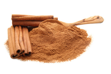 Cinnamon powder and sticks on white background