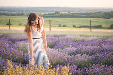 Fototapeta na wymiar Beautiful young woman is walking on the lavender field