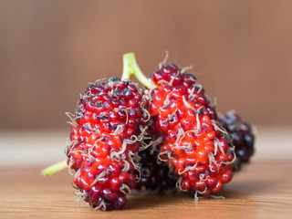 Close up of mulberry on wooden background. Mulberry this a fruit and can be eaten. Mulberry is...