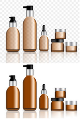 Mock up Realistic Amber and Black Cosmetic, oil, soap, lotion Bottles And Dropper Set on White and Transparent Background Illustration