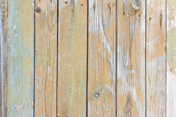 wooden background, old wooden door with peeling paint in several layers and rusty nails