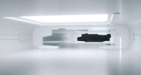Bright Clean Futuristic Sci-Fi Space Ship Room With Reflections. 3d Rendering